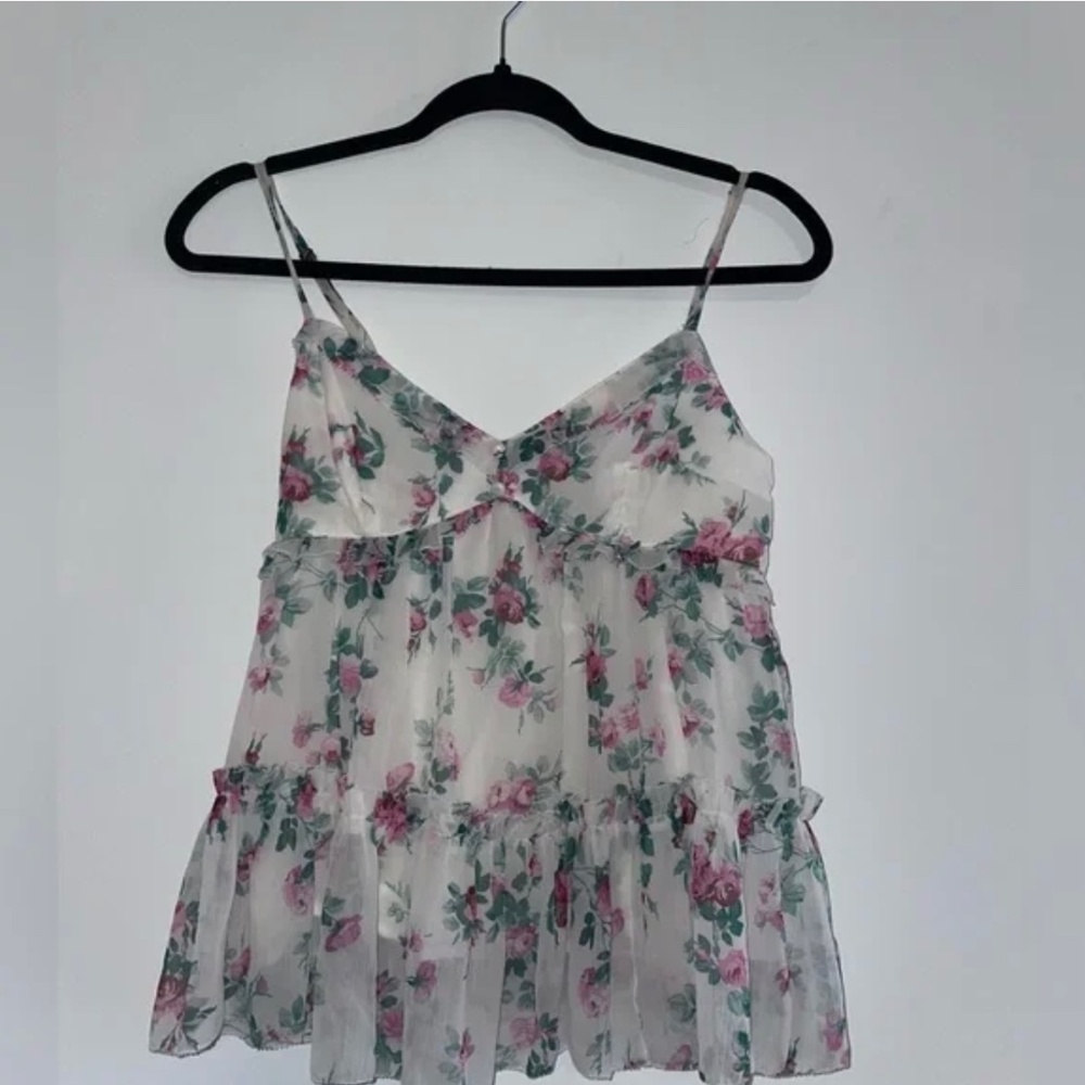 Abercrombie & Fitch - Women's Floral Spaghetti Strap Ruffled Tank Top (White)
